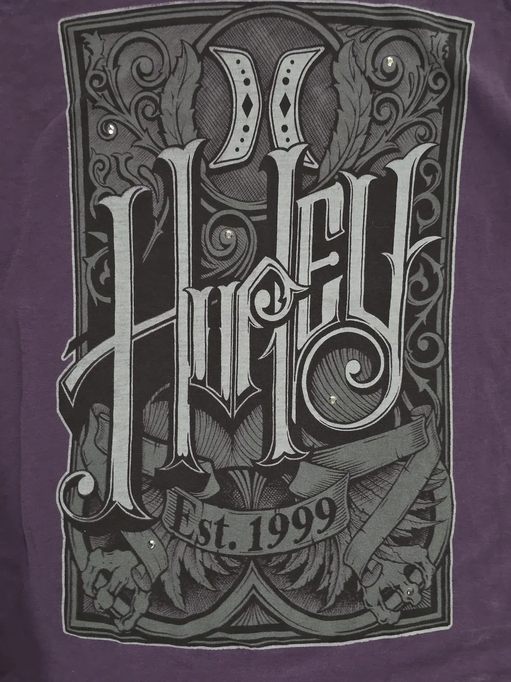 Hurley Purple Short Sleeve Tee with Ornate Gray Graphic - Picture 2 of 4